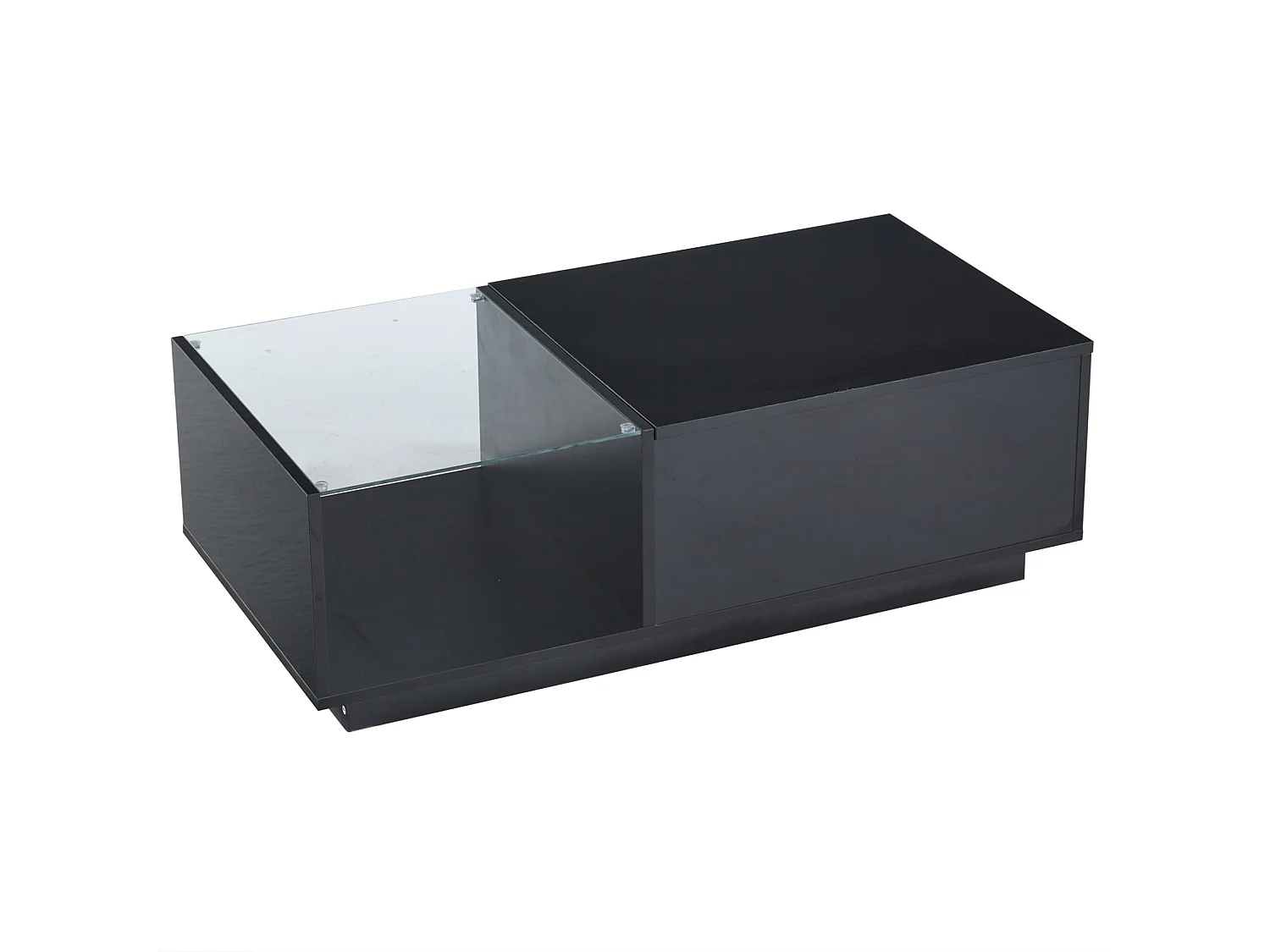 Tavolino da salotto in truciolato nero lucido 100 x 50 x 33 cm con piano sollevabile, contenitori e LED