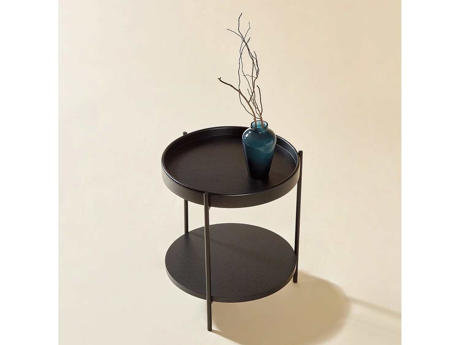 Table basse ronde 69/38 cm avec plateau 2 niveaux Bois massif, MDF et métal noir