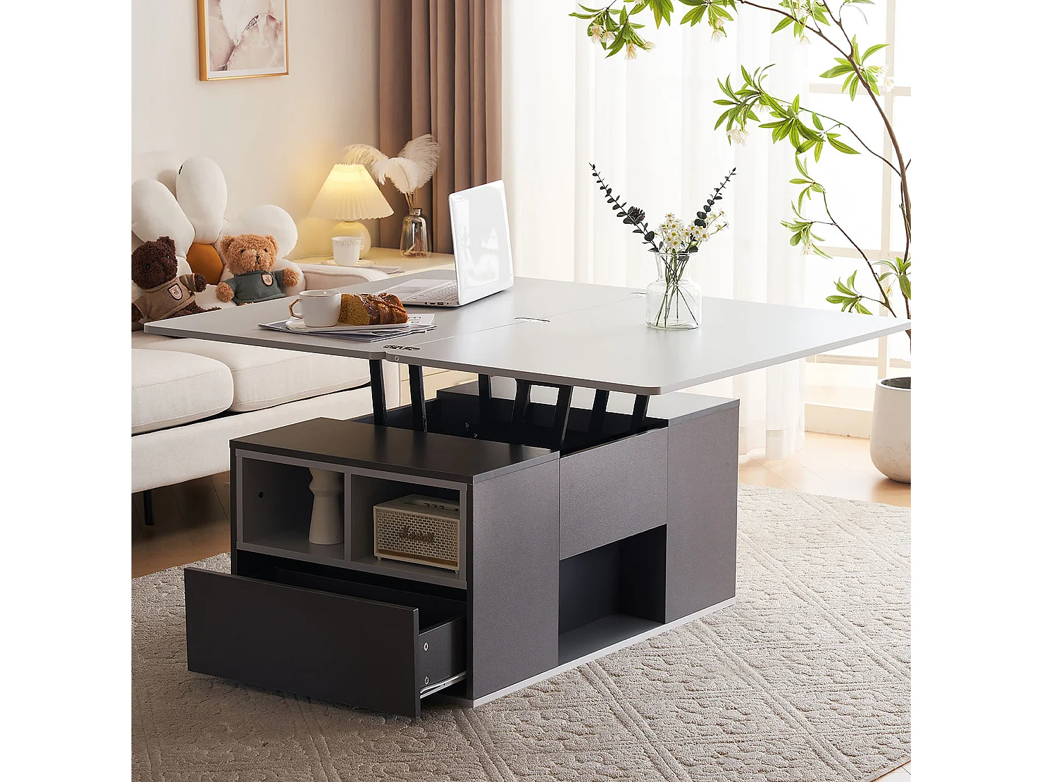 Table basse relevable 100/51/47 cm avec plateau relevable et rangement Gris panneau de particules