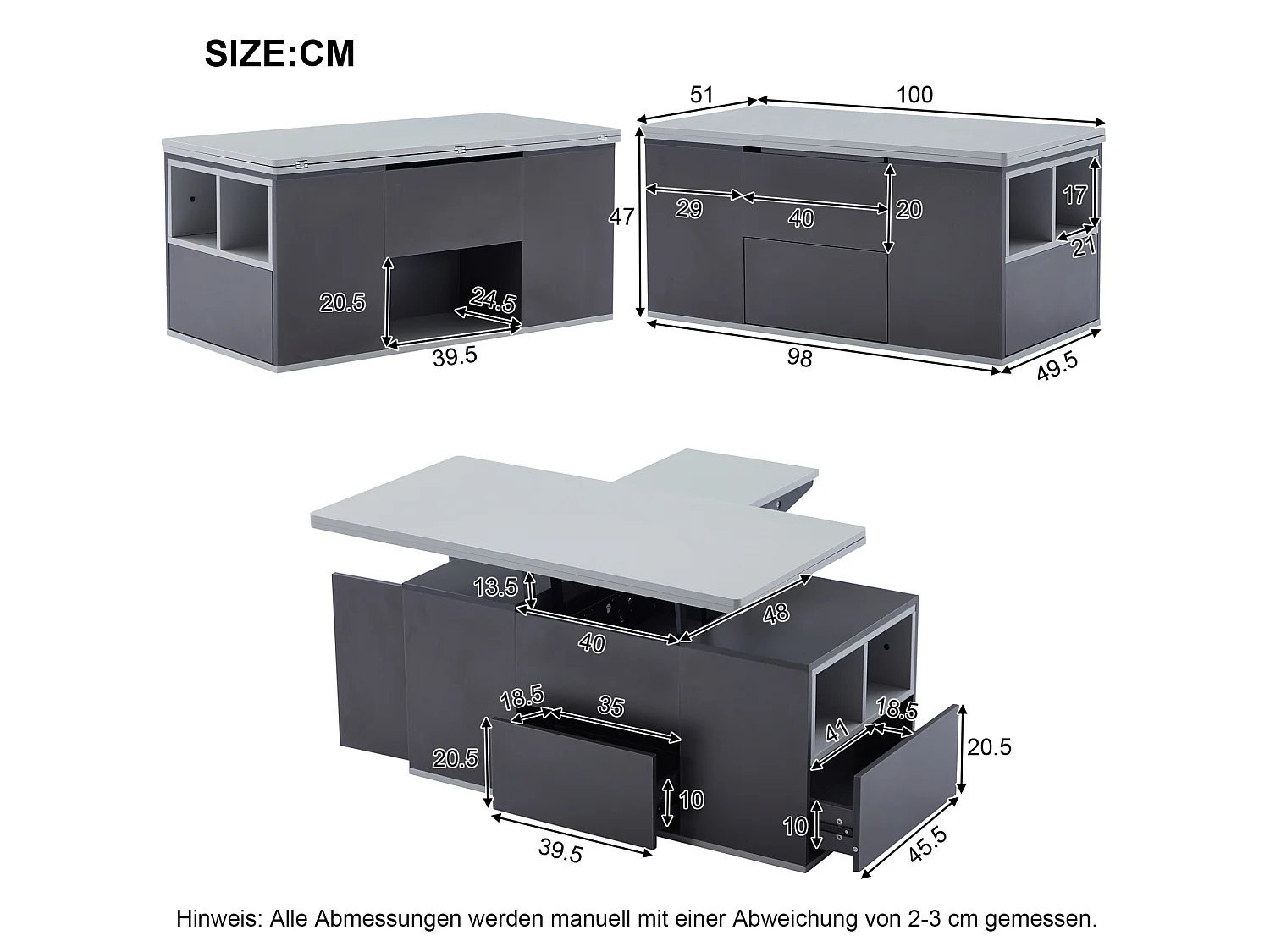 Table basse relevable 100/51/47 cm avec plateau relevable et rangement Gris panneau de particules