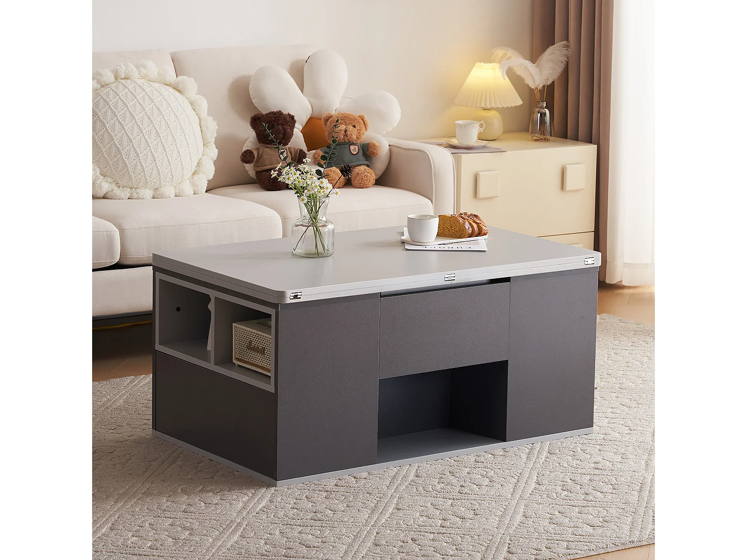 Table basse relevable 100/51/47 cm avec plateau relevable et rangement Gris panneau de particules