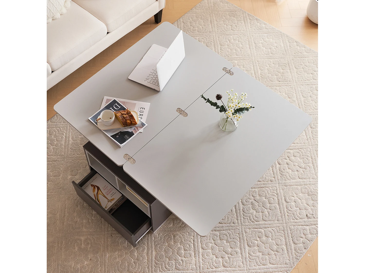 Table basse relevable 100/51/47 cm avec plateau relevable et rangement Gris panneau de particules