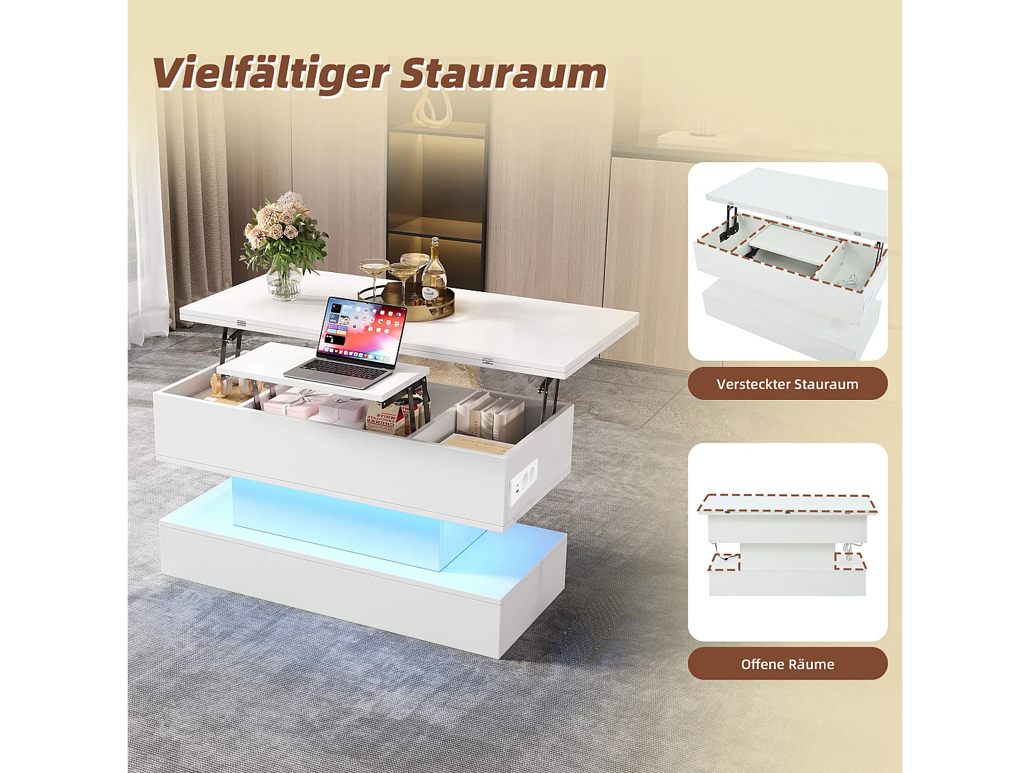 Tavolino da salotto in truciolato bianco 100 x 50 cm, piano sollevabile, vano contenitore, LED e prese integrate