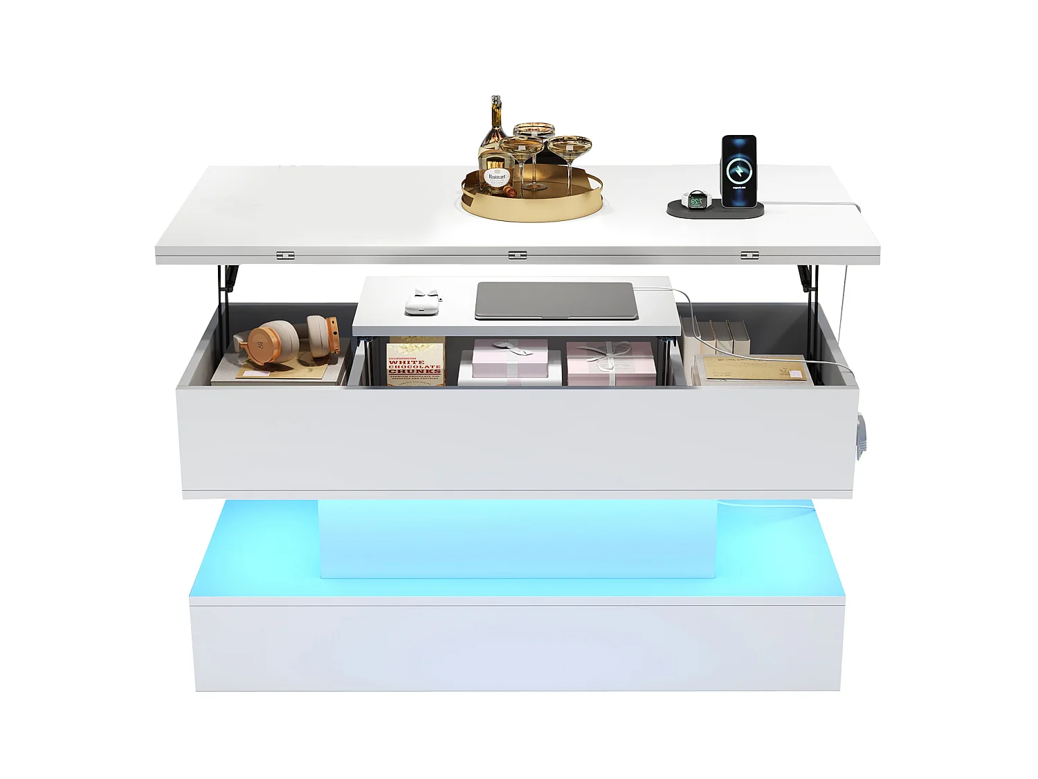 Tavolino da salotto in truciolato bianco 100 x 50 cm, piano sollevabile, vano contenitore, LED e prese integrate