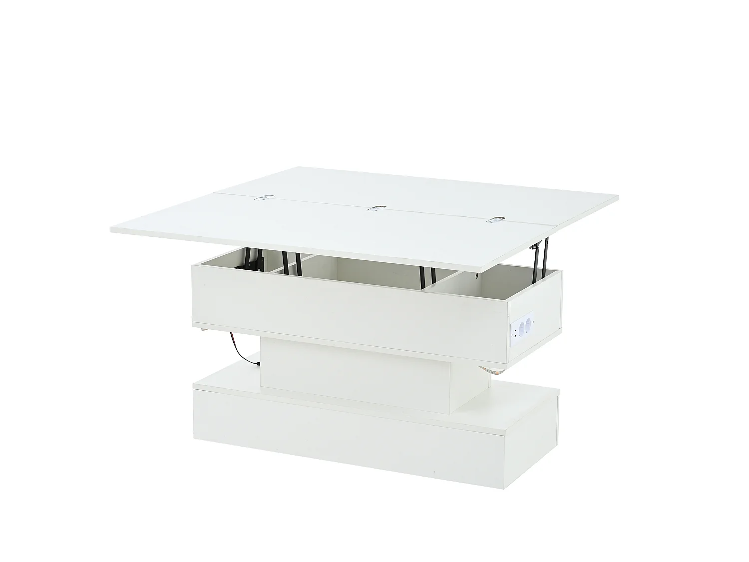 Tavolino da salotto in truciolato bianco 100 x 50 cm, piano sollevabile, vano contenitore, LED e prese integrate