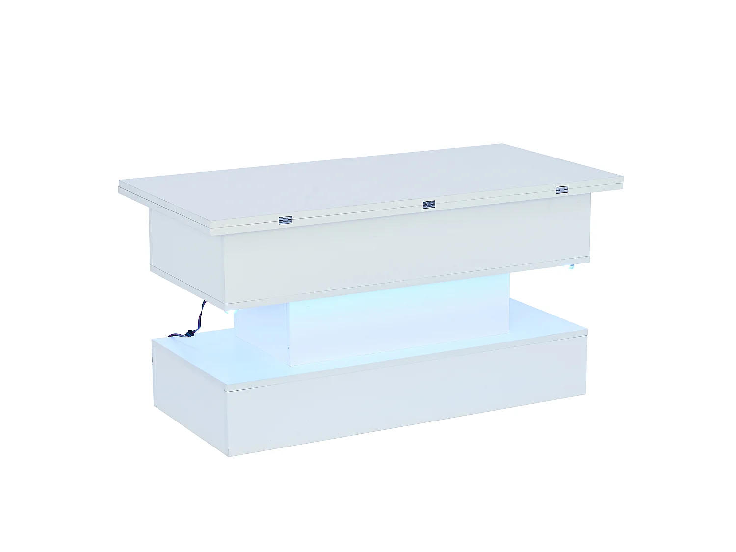 Tavolino da salotto in truciolato bianco 100 x 50 cm, piano sollevabile, vano contenitore, LED e prese integrate