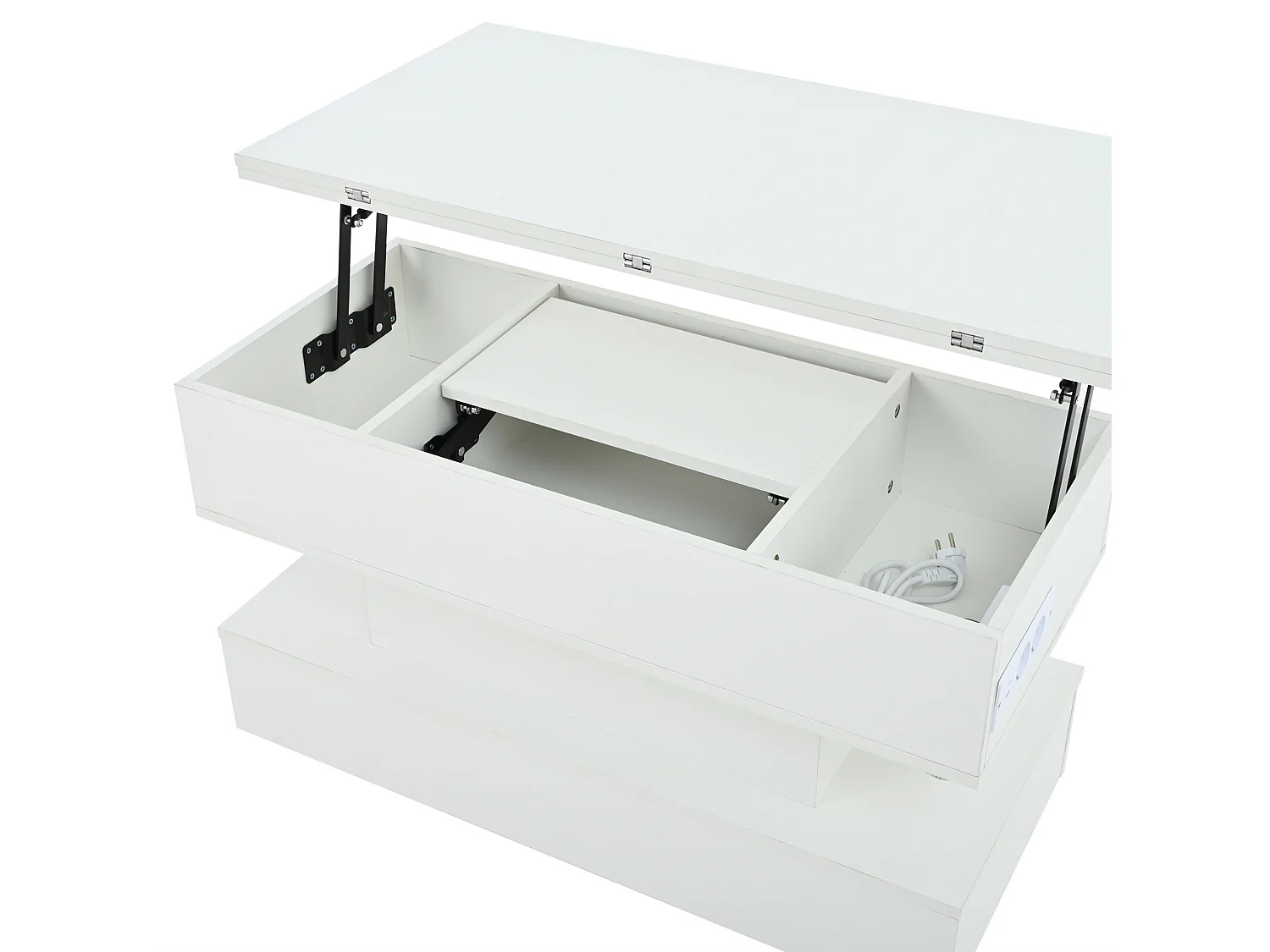 Tavolino da salotto in truciolato bianco 100 x 50 cm, piano sollevabile, vano contenitore, LED e prese integrate