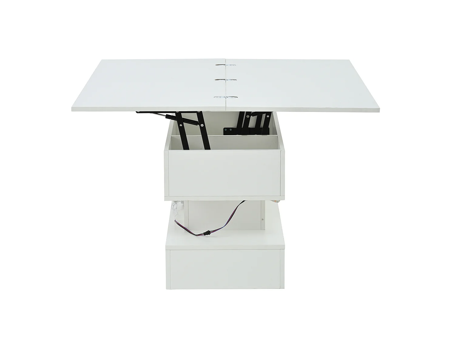 Tavolino da salotto in truciolato bianco 100 x 50 cm, piano sollevabile, vano contenitore, LED e prese integrate