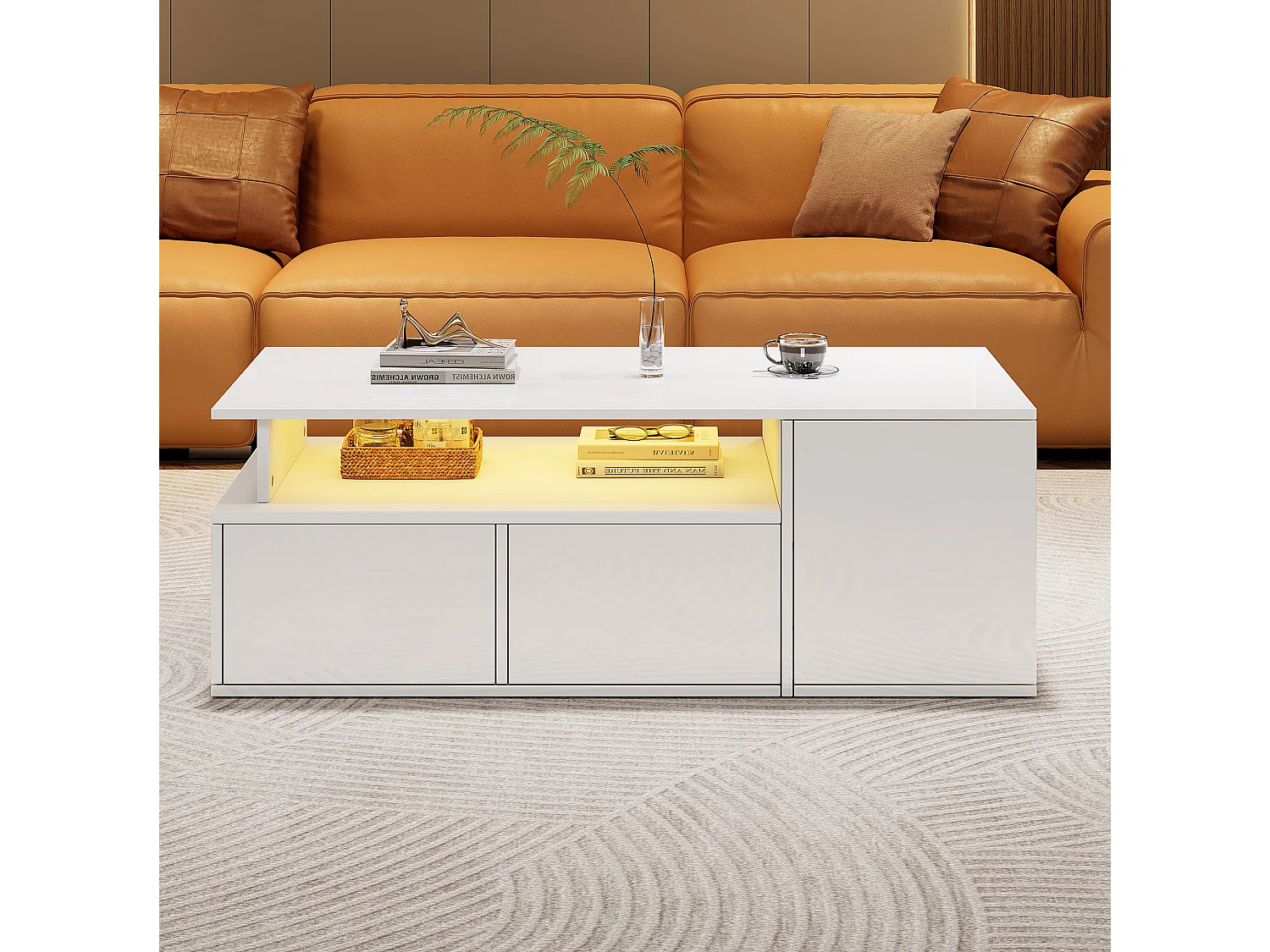 Tavolino da salotto in pannelli di particelle bianco, 100 x 50 x 35 cm, con LED e 2 cassetti