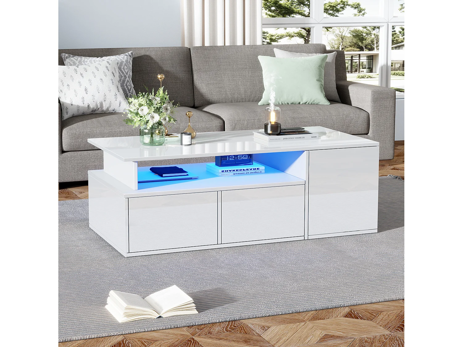 Tavolino da salotto in pannelli di particelle bianco, 100 x 50 x 35 cm, con LED e 2 cassetti