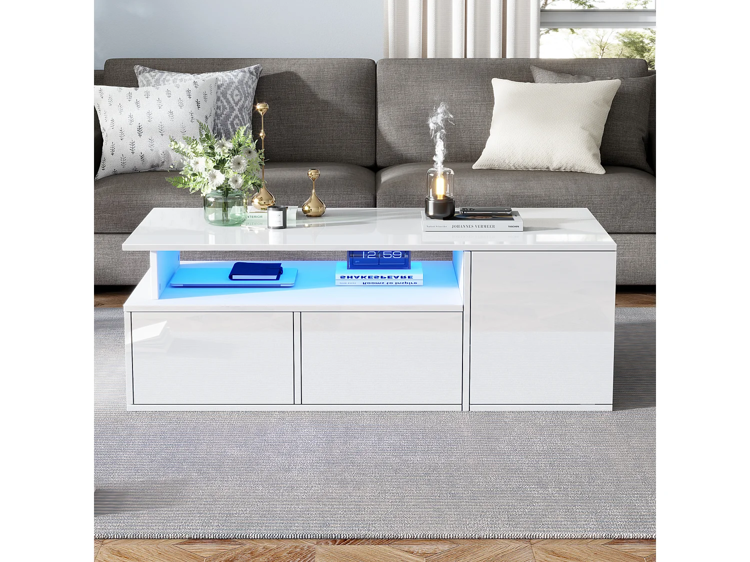 Tavolino da salotto in pannelli di particelle bianco, 100 x 50 x 35 cm, con LED e 2 cassetti