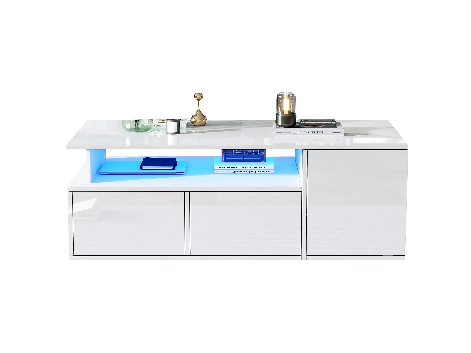 Tavolino da salotto in pannelli di particelle bianco, 100 x 50 x 35 cm, con LED e 2 cassetti