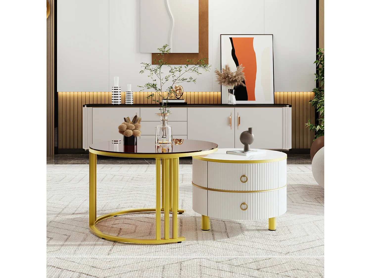 Table basse gigogne ronde 70/70/45 et 50/50/40 cm avec 2 tiroirs MDF et verre blanc