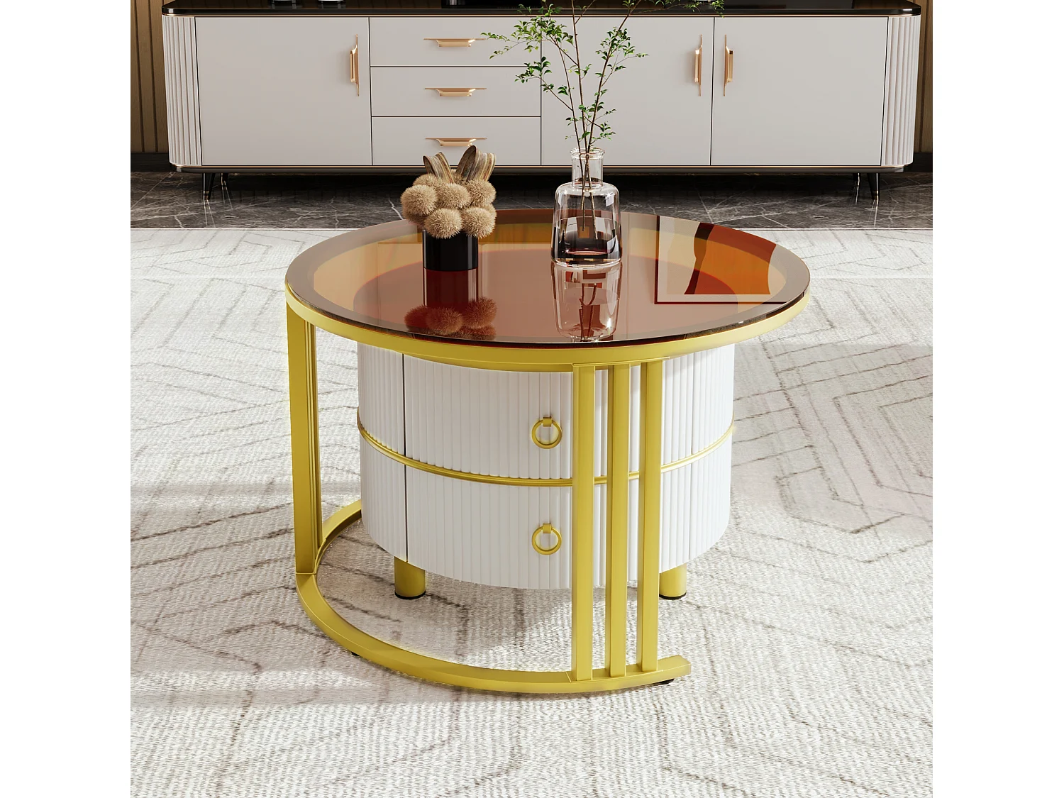 Table basse gigogne ronde 70/70/45 et 50/50/40 cm avec 2 tiroirs MDF et verre blanc