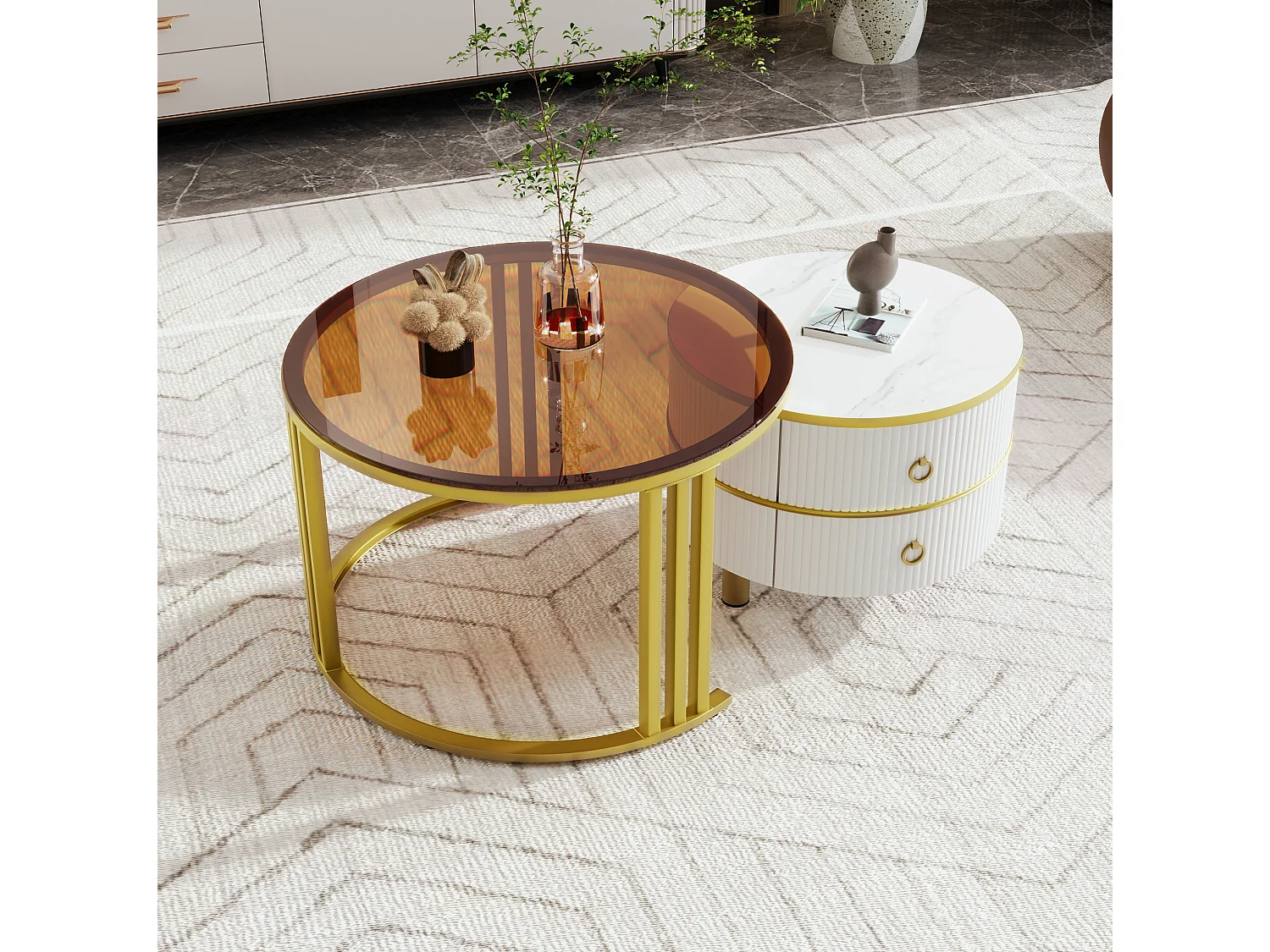 Table basse gigogne ronde 70/70/45 et 50/50/40 cm avec 2 tiroirs MDF et verre blanc