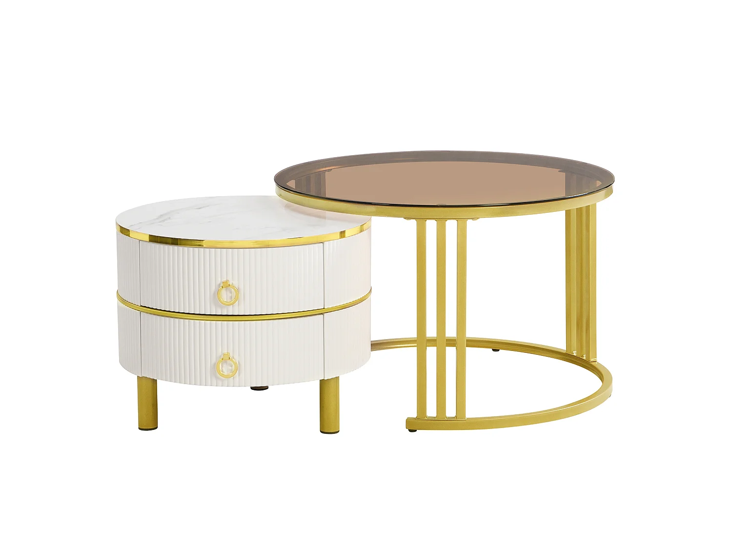 Table basse gigogne ronde 70/70/45 et 50/50/40 cm avec 2 tiroirs MDF et verre blanc