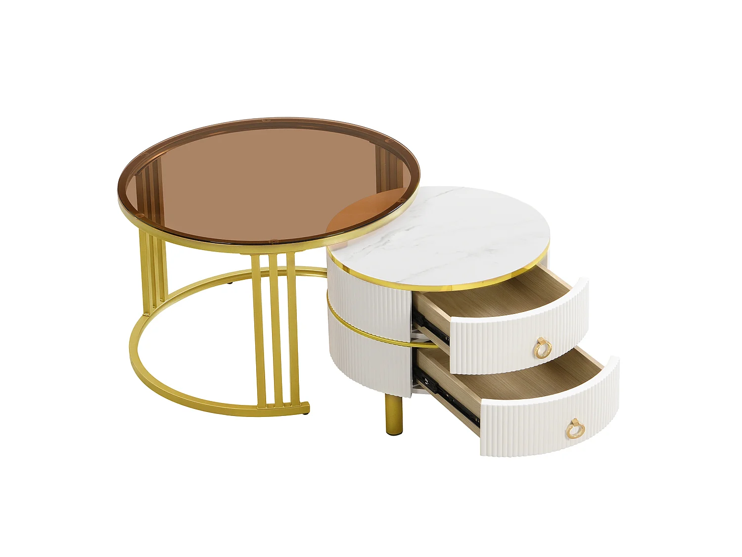 Table basse gigogne ronde 70/70/45 et 50/50/40 cm avec 2 tiroirs MDF et verre blanc