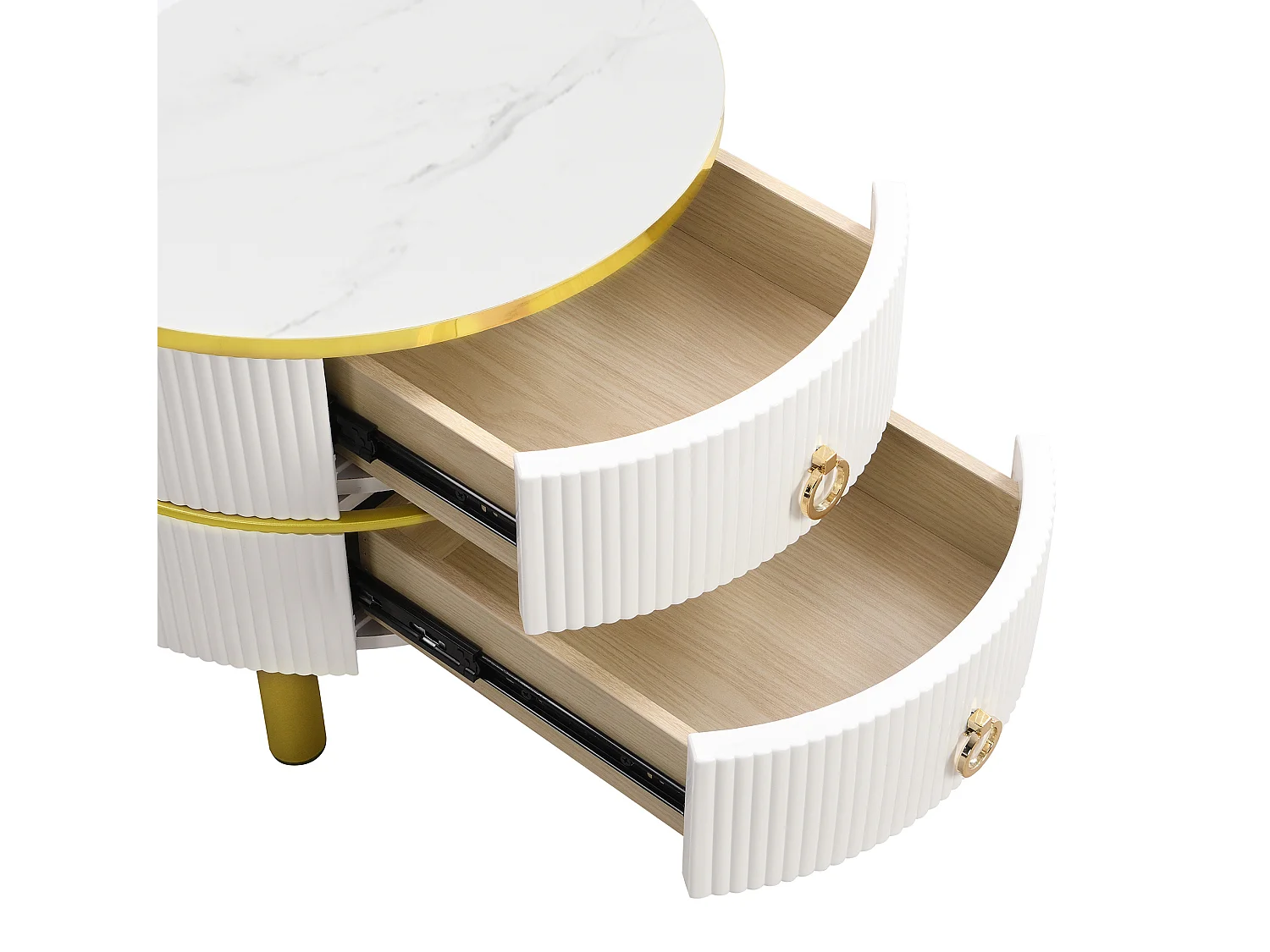 Table basse gigogne ronde 70/70/45 et 50/50/40 cm avec 2 tiroirs MDF et verre blanc