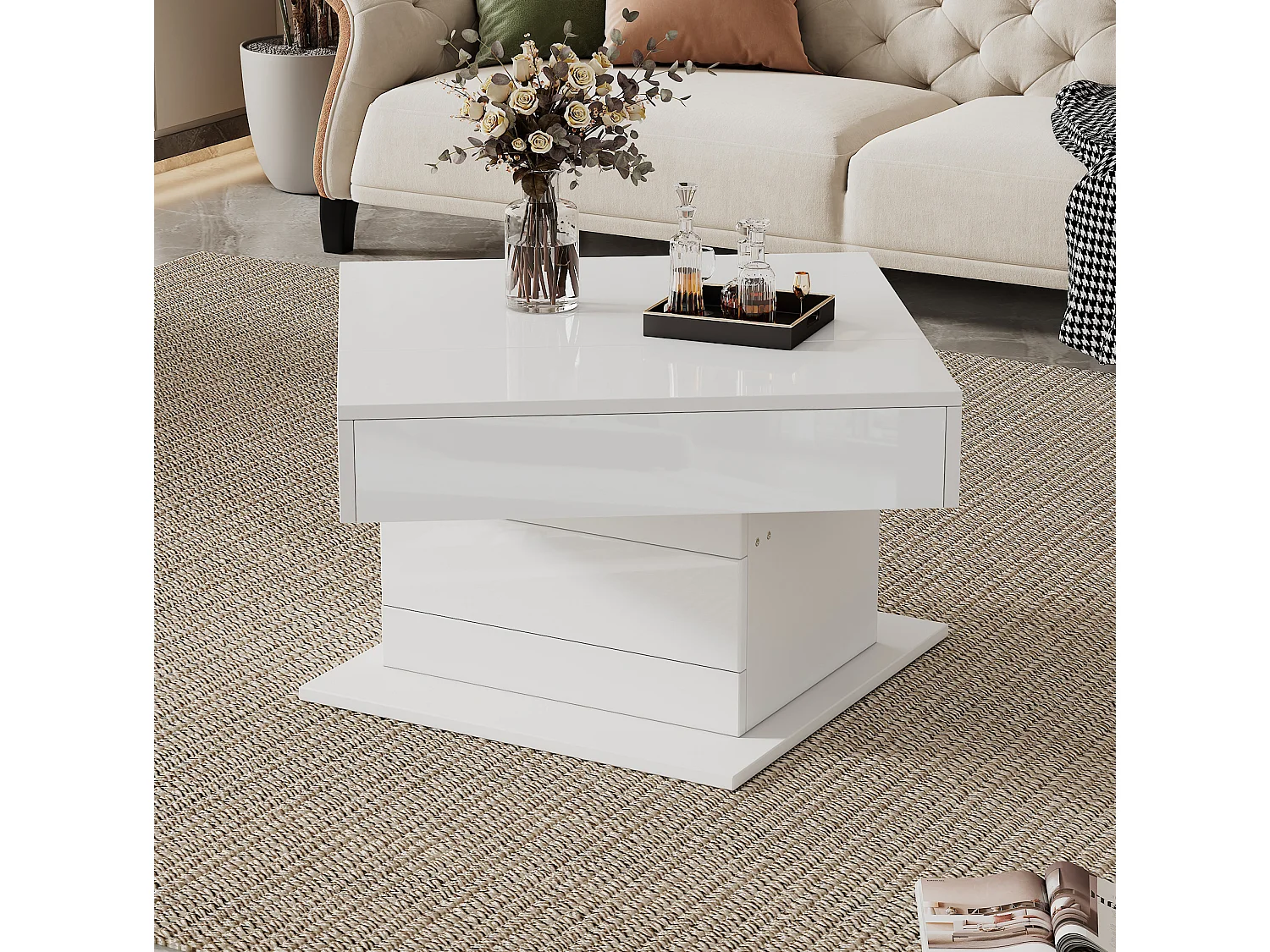 Table basse relevable 70/70/45 cm avec plateau pivotant 360° et rangement Blanc brillant