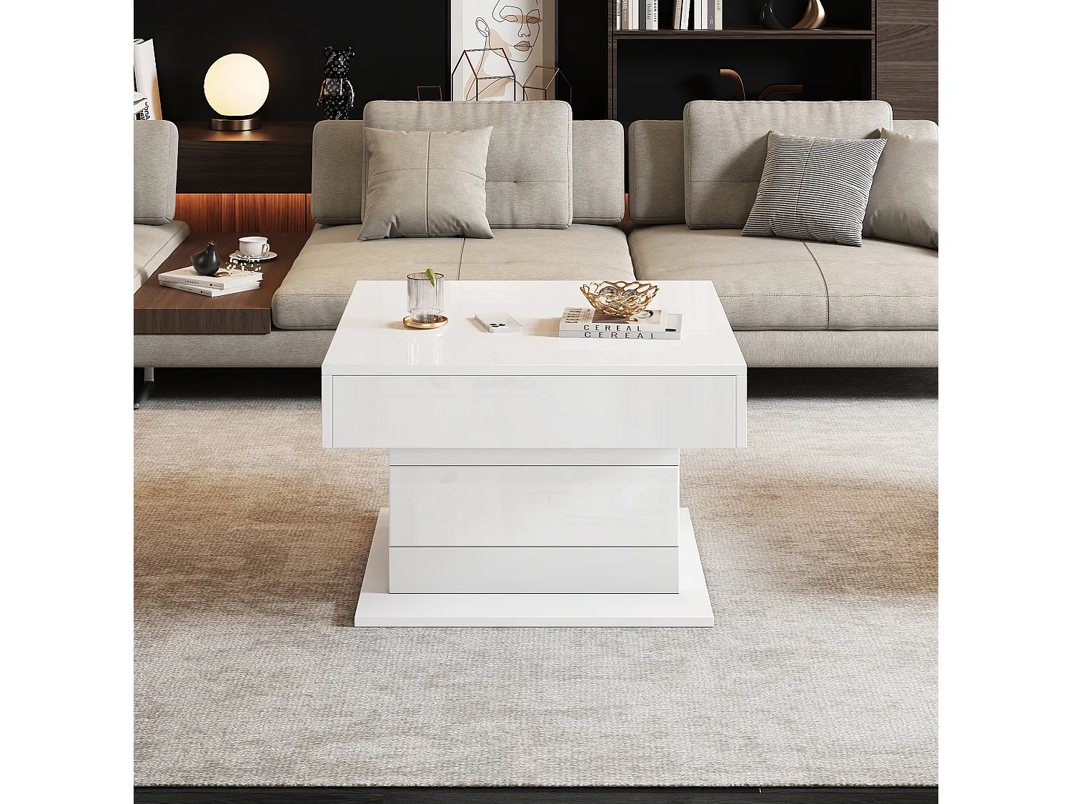 Table basse relevable 70/70/45 cm avec plateau pivotant 360° et rangement Blanc brillant