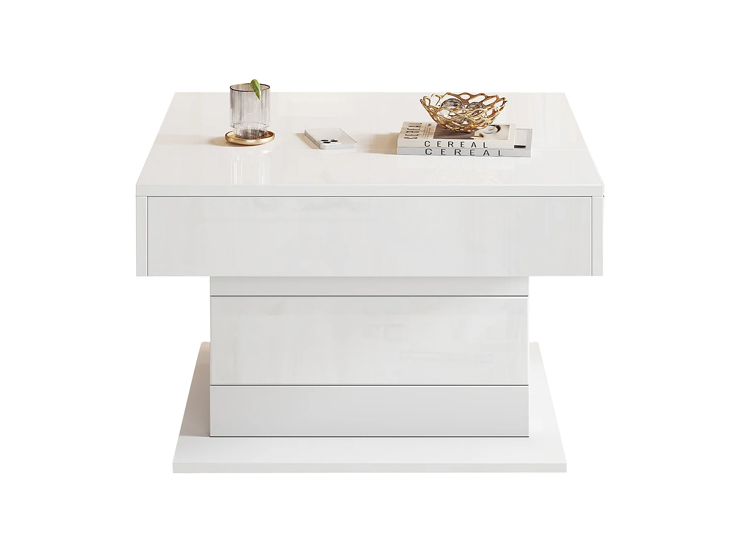 Table basse relevable 70/70/45 cm avec plateau pivotant 360° et rangement Blanc brillant