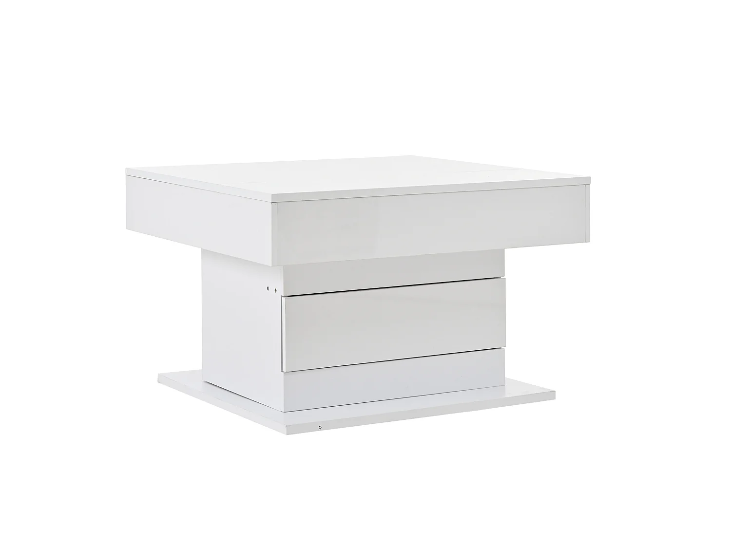 Table basse relevable 70/70/45 cm avec plateau pivotant 360° et rangement Blanc brillant
