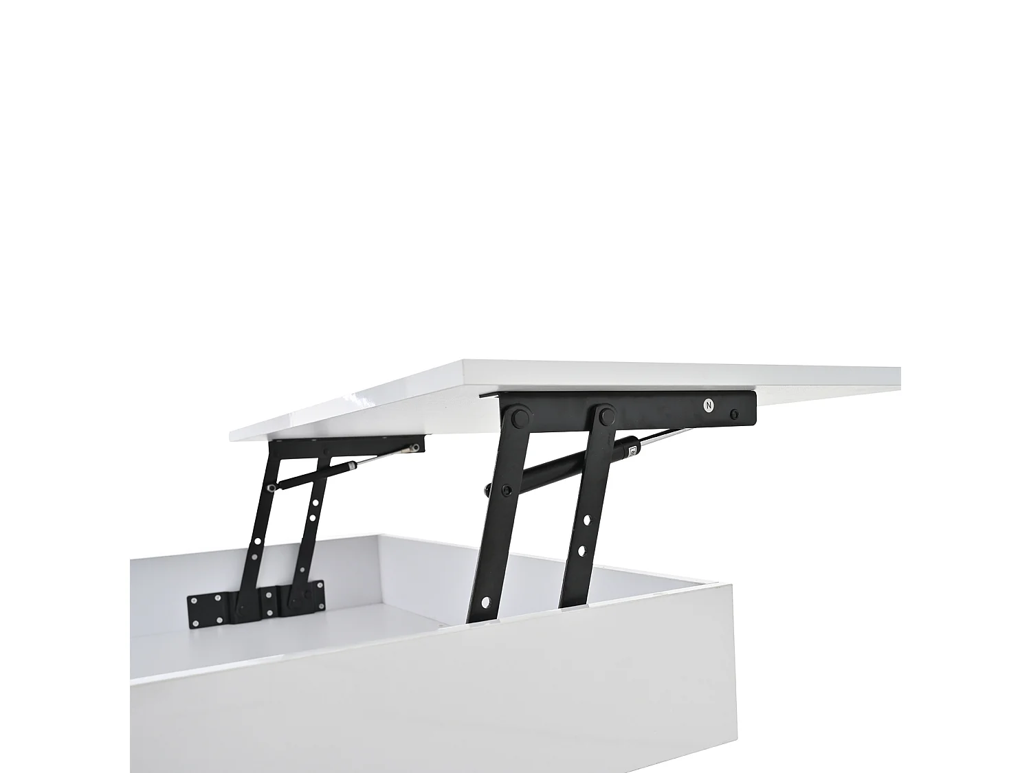 Table basse relevable 70/70/45 cm avec plateau pivotant 360° et rangement Blanc brillant