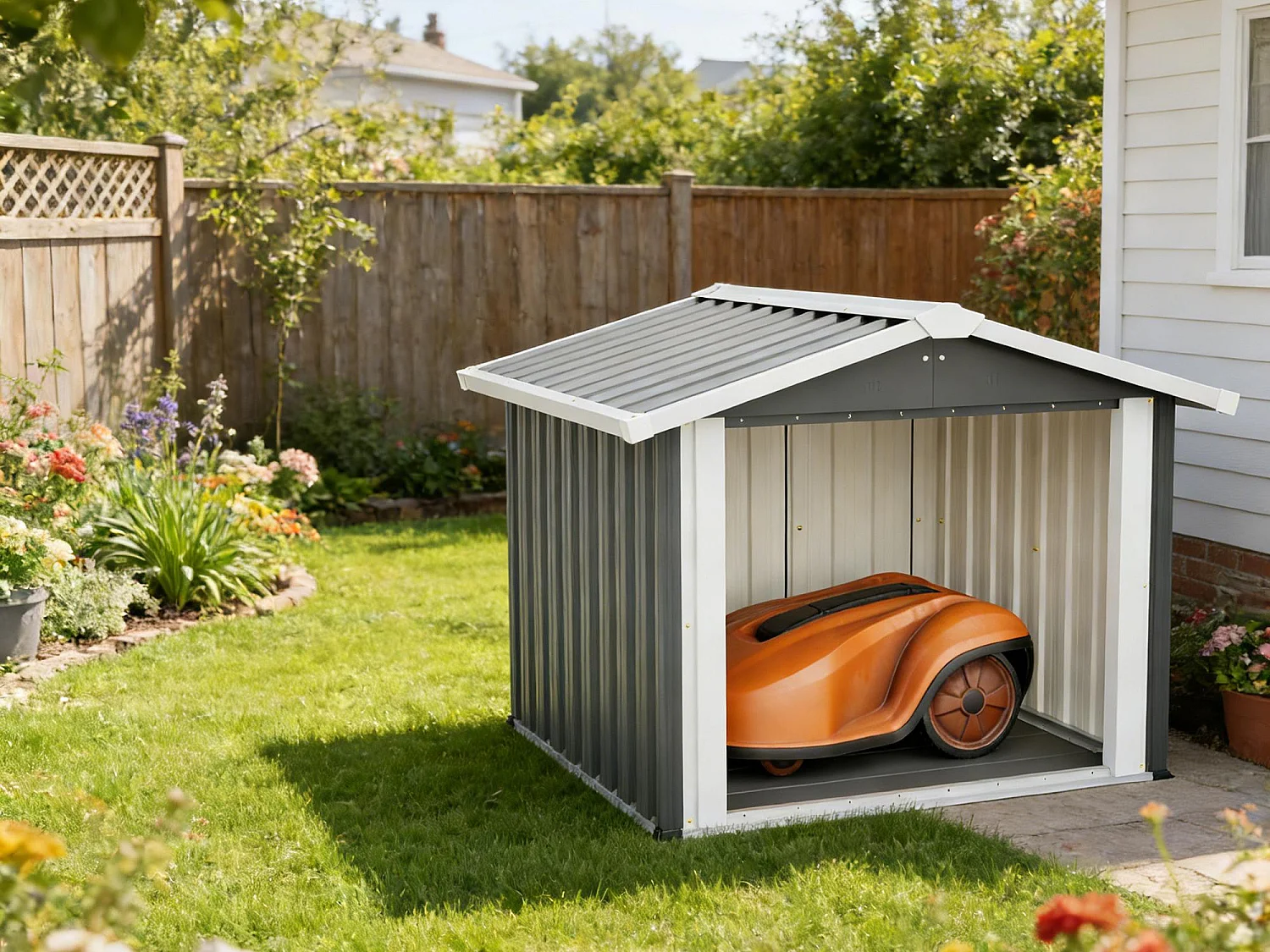 Niche Douillette Chien & Chat d'Extérieur - Abri Imperméable Anti-UV avec Toit Incliné - Maisonnette de Jardin Grise, 15,8kg