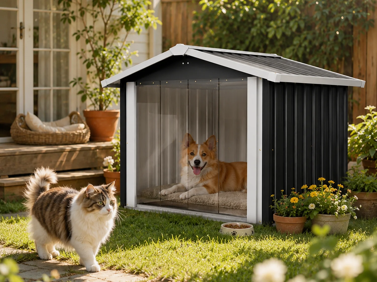Niche Douillette Chien & Chat d'Extérieur - Abri Imperméable Anti-UV avec Toit Incliné - Maisonnette de Jardin Grise, 15,8kg