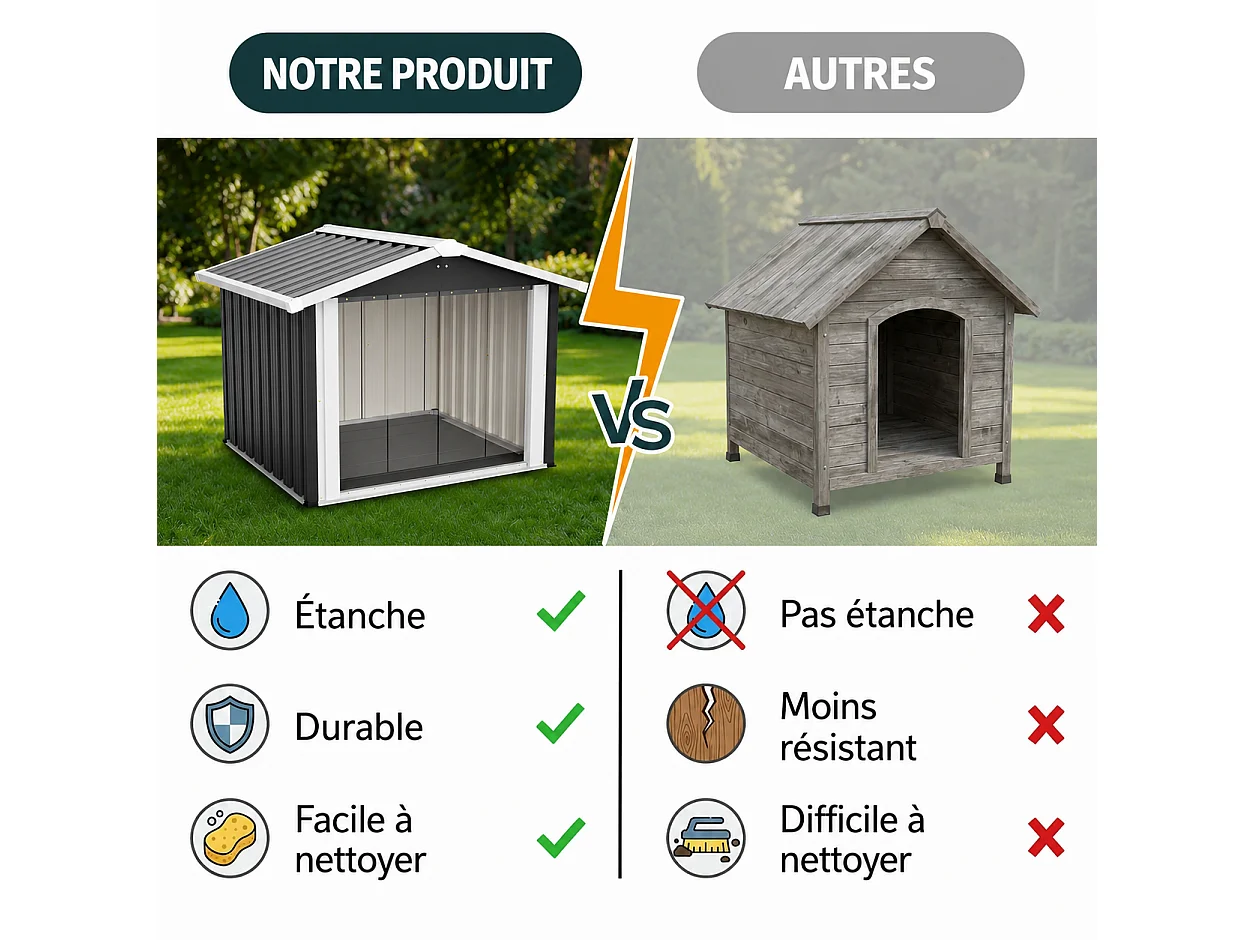 Niche Douillette Chien & Chat d'Extérieur - Abri Imperméable Anti-UV avec Toit Incliné - Maisonnette de Jardin Grise, 15,8kg
