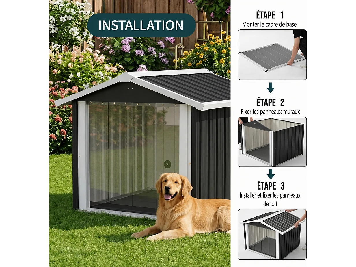 Niche Douillette Chien & Chat d'Extérieur - Abri Imperméable Anti-UV avec Toit Incliné - Maisonnette de Jardin Grise, 15,8kg