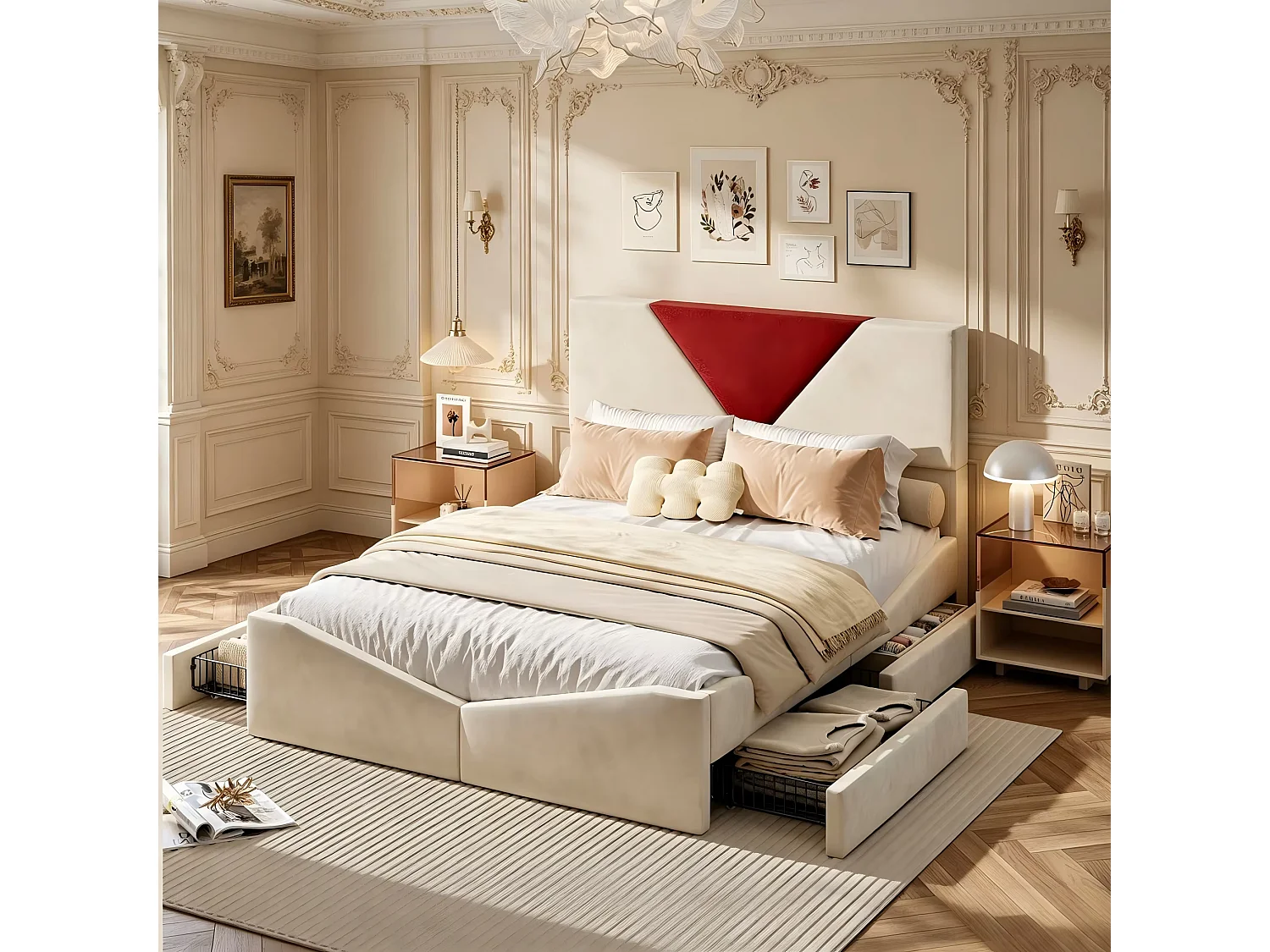 Lit 140x190 avec Sommier LED et USB,Lit Double rembourré avec sommier à Lattes et 4 Tiroirs,pour Adultes et Adolescents,Velours