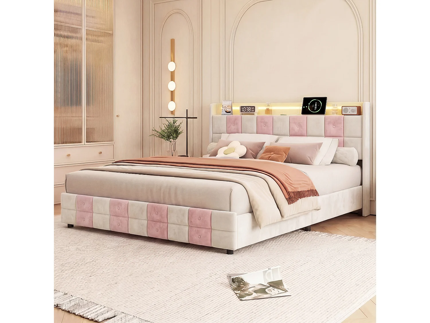 Lit Double 140x190 avec Sommier et 4 Tiroirs de Rangement,avec LED et USB,Cadre de Lit Adulte et Ado,Design à Carreaux Blanc et Rose,Blanc,Flanelle