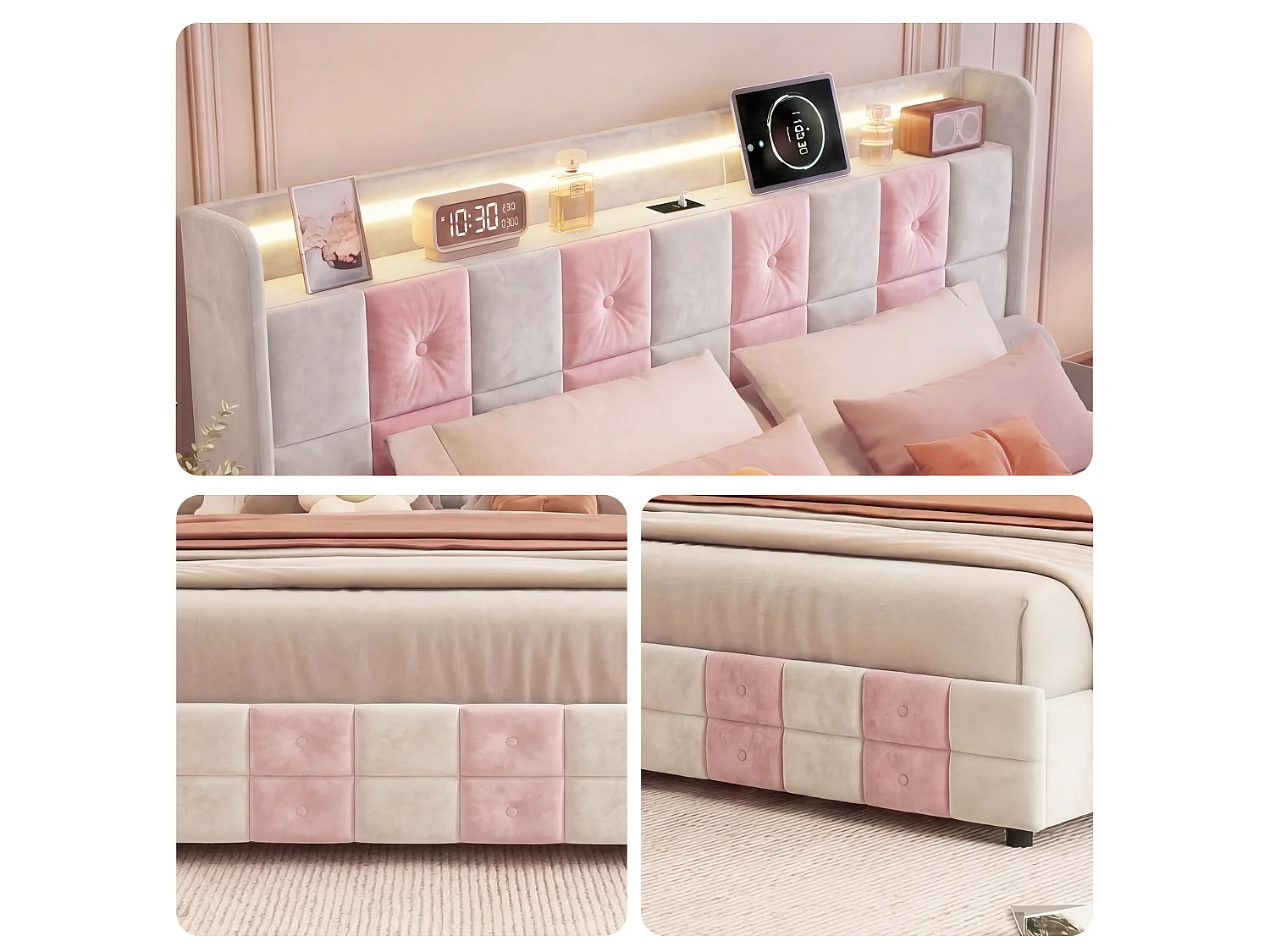 Lit Double 140x190 avec Sommier et 4 Tiroirs de Rangement,avec LED et USB,Cadre de Lit Adulte et Ado,Design à Carreaux Blanc et Rose,Blanc,Flanelle