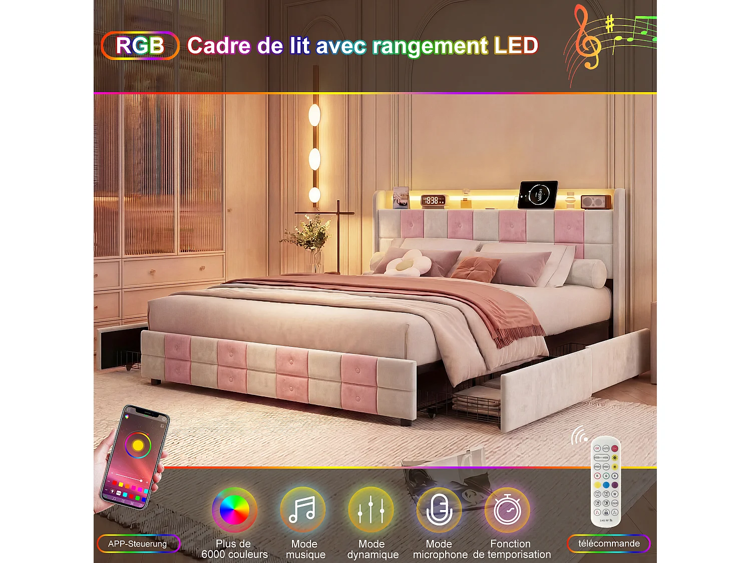 Lit Double 140x190 avec Sommier et 4 Tiroirs de Rangement,avec LED et USB,Cadre de Lit Adulte et Ado,Design à Carreaux Blanc et Rose,Blanc,Flanelle