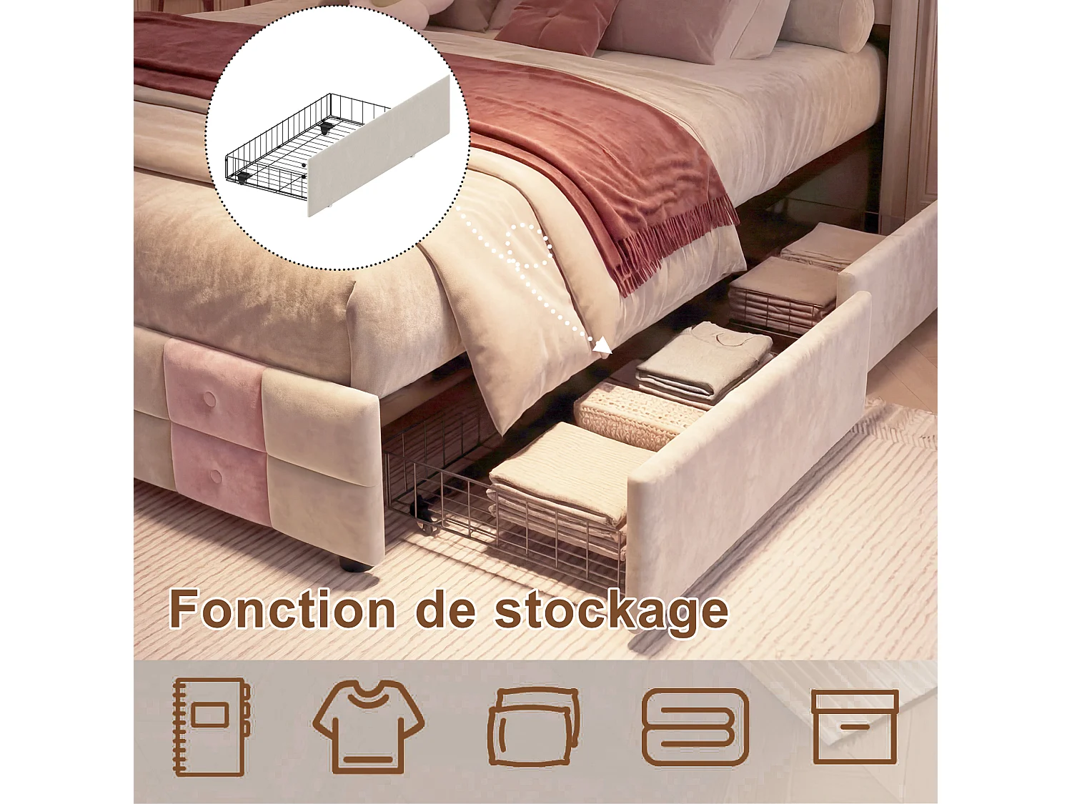 Lit Double 140x190 avec Sommier et 4 Tiroirs de Rangement,avec LED et USB,Cadre de Lit Adulte et Ado,Design à Carreaux Blanc et Rose,Blanc,Flanelle