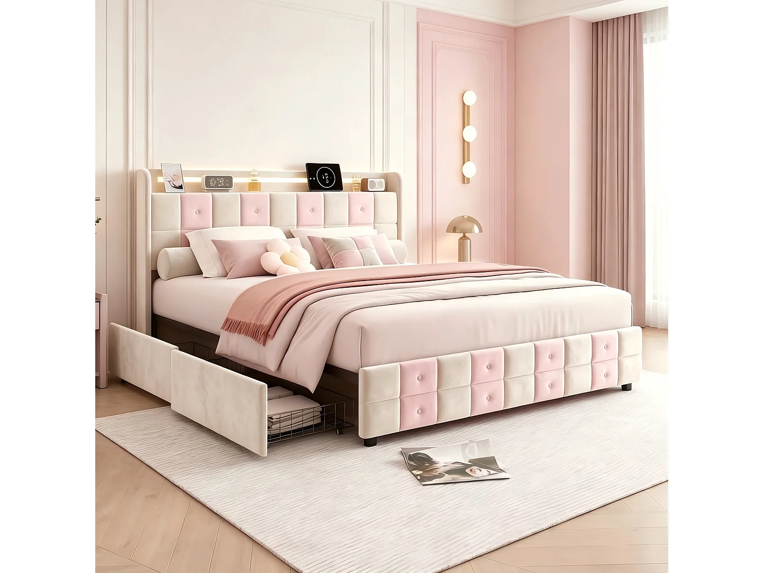 Lit Double 140x190 avec Sommier et 4 Tiroirs de Rangement,avec LED et USB,Cadre de Lit Adulte et Ado,Design à Carreaux Blanc et Rose,Blanc,Flanelle