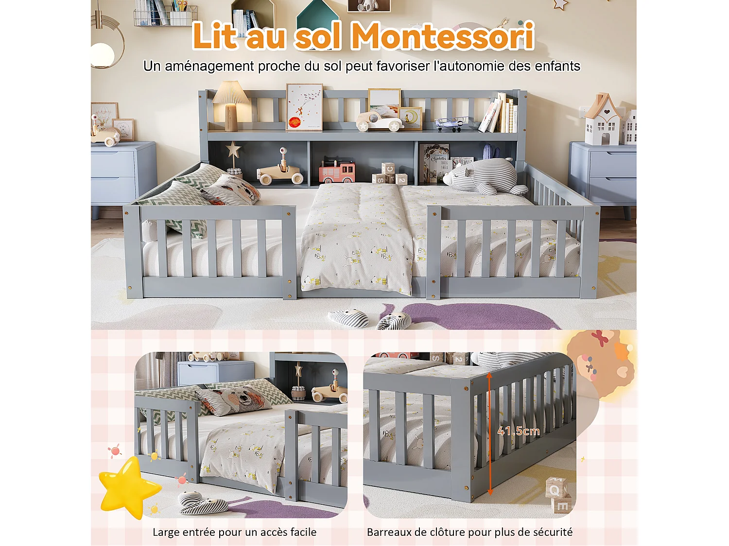 Lit Bas Enfant Montessori Gris 140x200Cm, Étagère, 3 Espaces De Rangement, Barrières Complètes, Support De Sommier