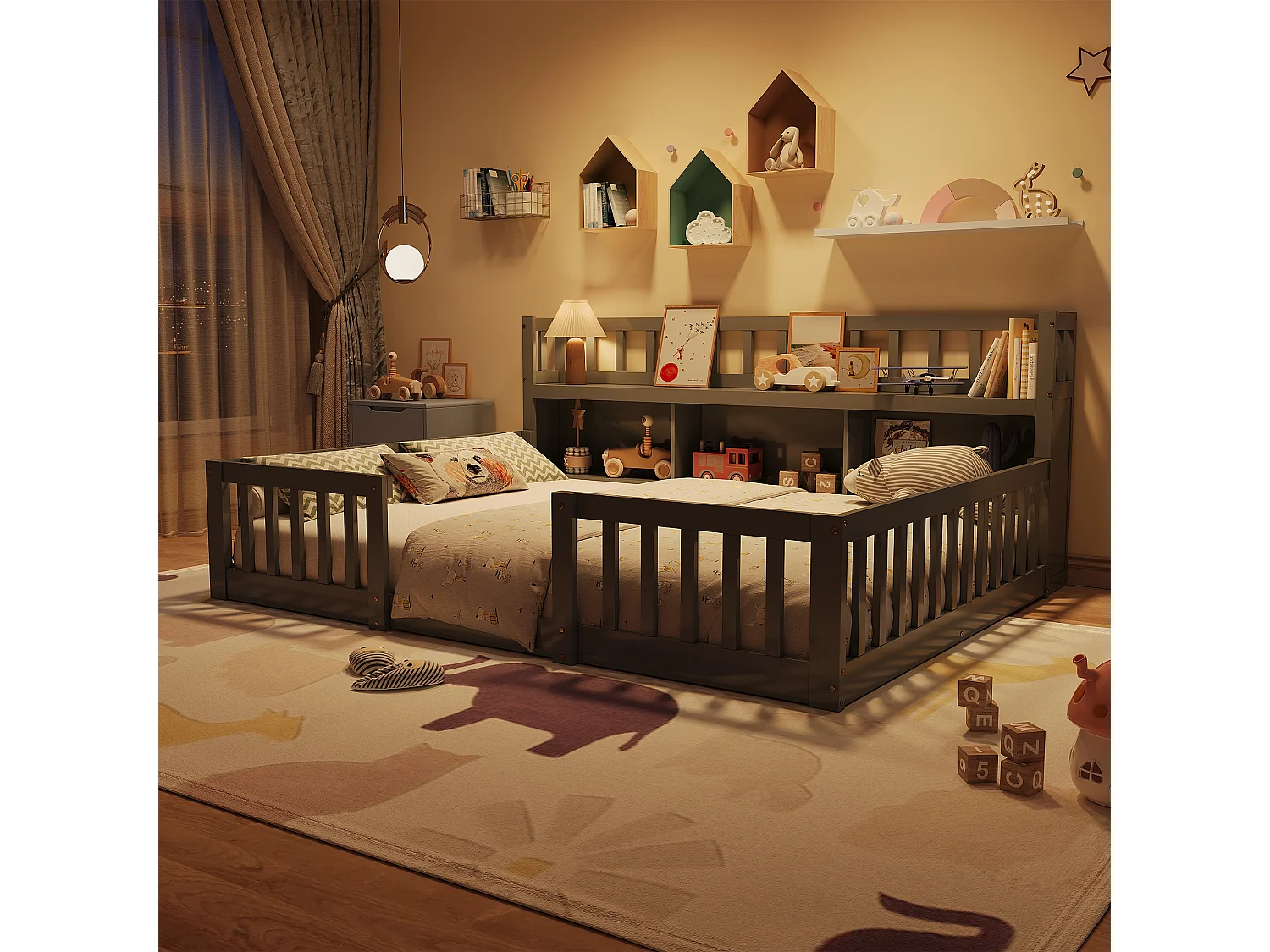 Lit Bas Enfant Montessori Gris 140x200Cm, Étagère, 3 Espaces De Rangement, Barrières Complètes, Support De Sommier