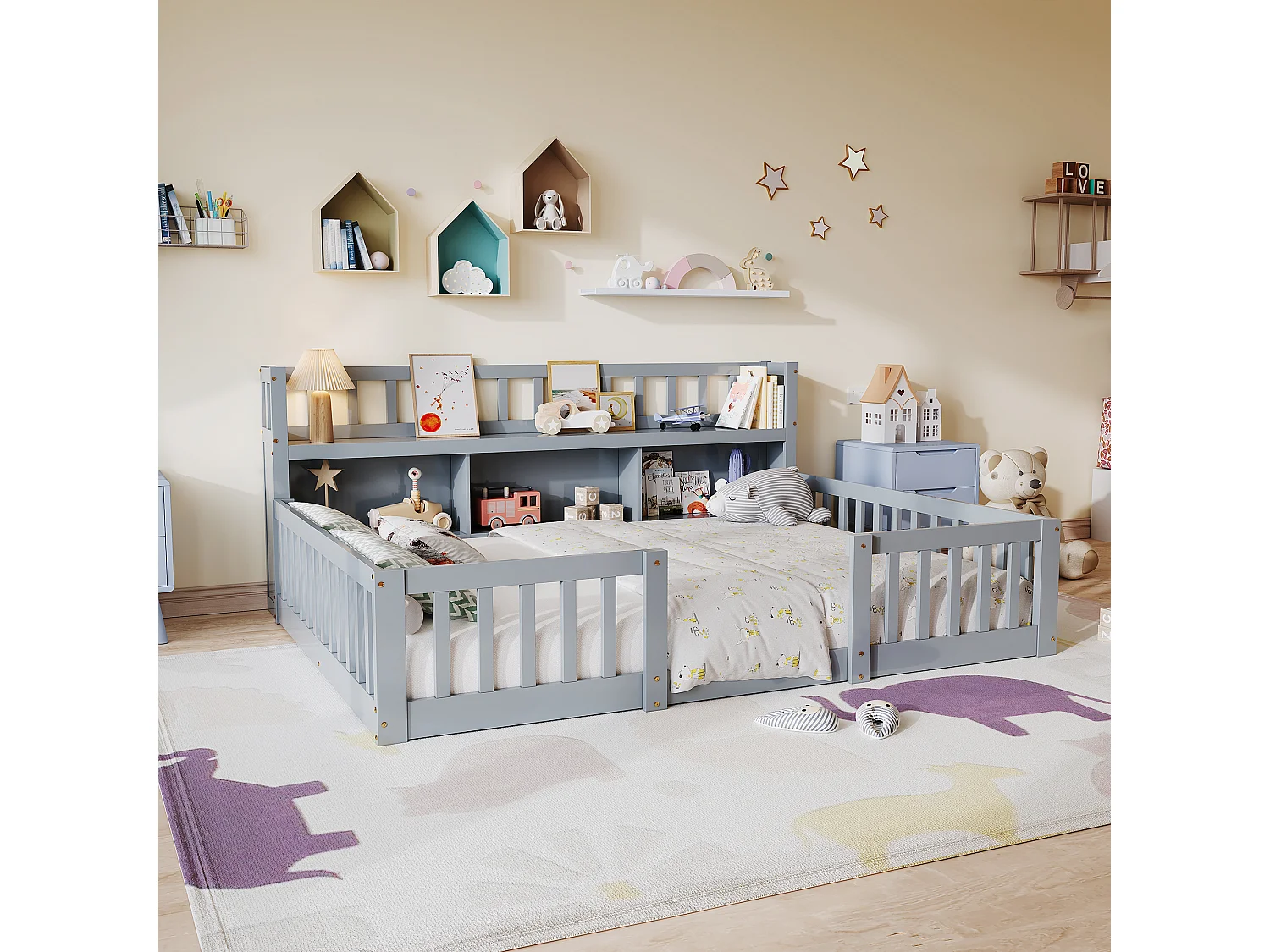 Lit Bas Enfant Montessori Gris 140x200Cm, Étagère, 3 Espaces De Rangement, Barrières Complètes, Support De Sommier