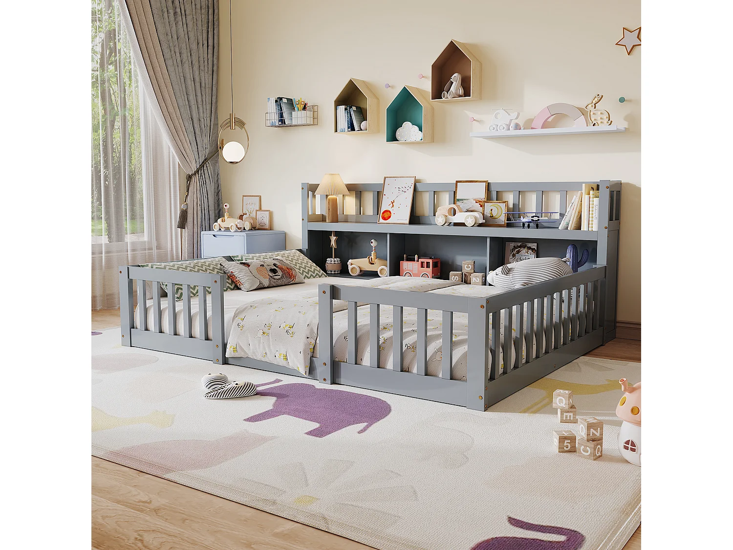 Lit Bas Enfant Montessori Gris 140x200Cm, Étagère, 3 Espaces De Rangement, Barrières Complètes, Support De Sommier