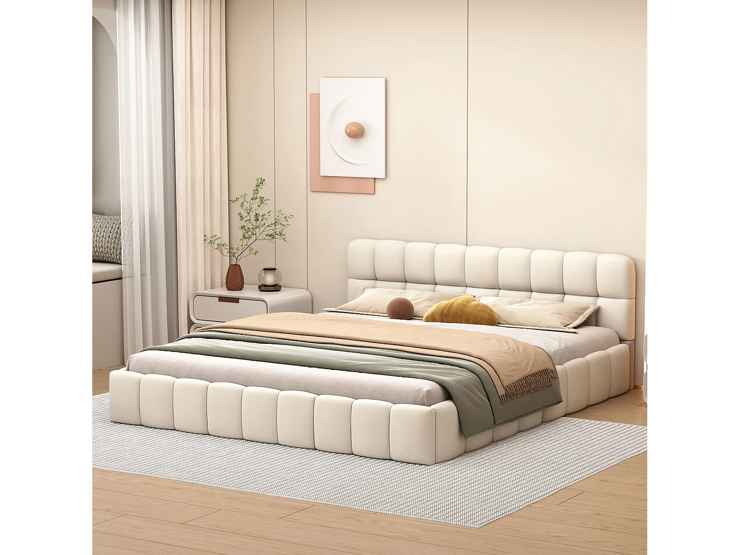 Lit double rembourré, 140 x 190 cm, cadre de lit avec tête de lit et sommier à lattes,Beige