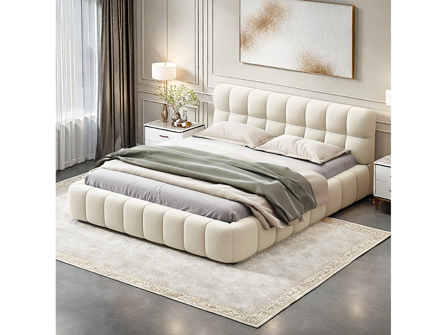 Lit double rembourré, 140 x 190 cm, cadre de lit avec tête de lit et sommier à lattes,Beige