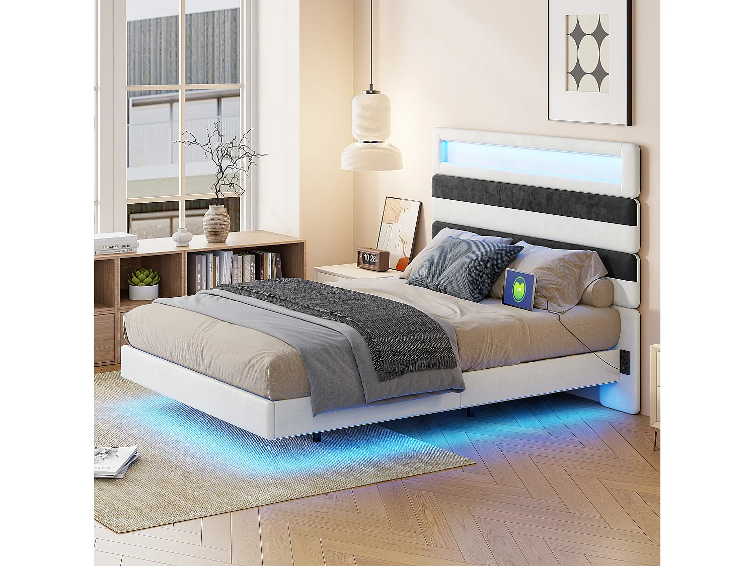 Lit Double 140 x 190 cm avec sommier, lit 2 Personnes Flottant avec lumières LED RGB,tête de lit rembourrée en Flanelle avec étagères de Rangement,Beige