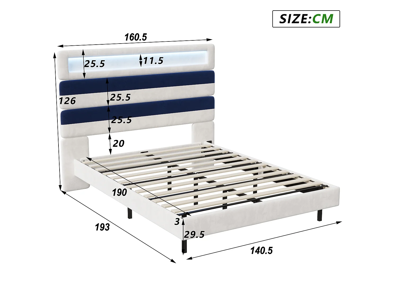 Lit Double 140 x 190 cm avec sommier, lit 2 Personnes Flottant avec lumières LED RGB,tête de lit rembourrée en Flanelle avec étagères de Rangement,Beige