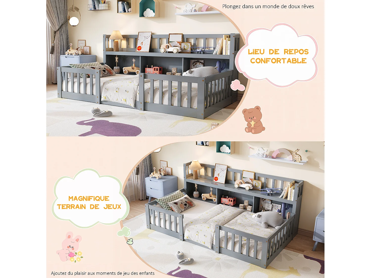 Lit Bas Enfant Montessori Gris 90x200Cm, Étagère, 3 Espaces De Rangement, Barrières Complètes, Support De Sommier