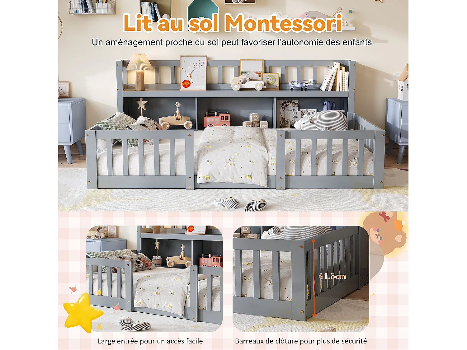 Lit Bas Enfant Montessori Gris 90x200Cm, Étagère, 3 Espaces De Rangement, Barrières Complètes, Support De Sommier