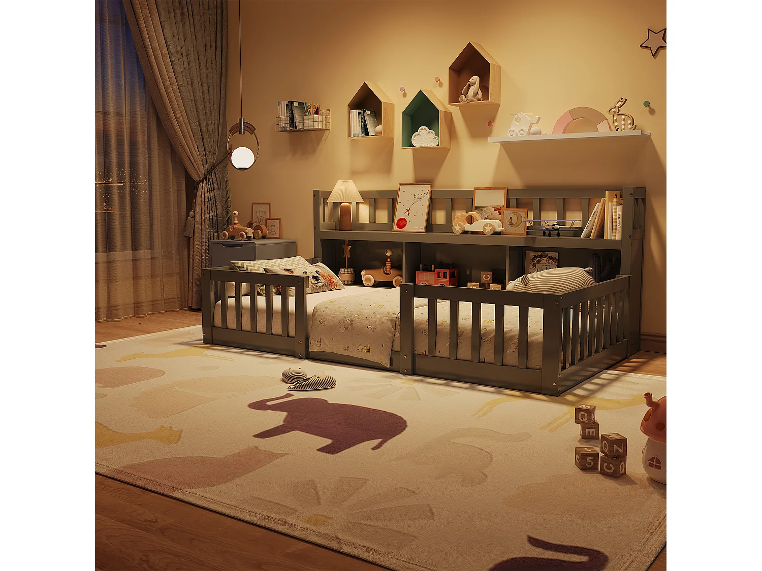 Lit Bas Enfant Montessori Gris 90x200Cm, Étagère, 3 Espaces De Rangement, Barrières Complètes, Support De Sommier