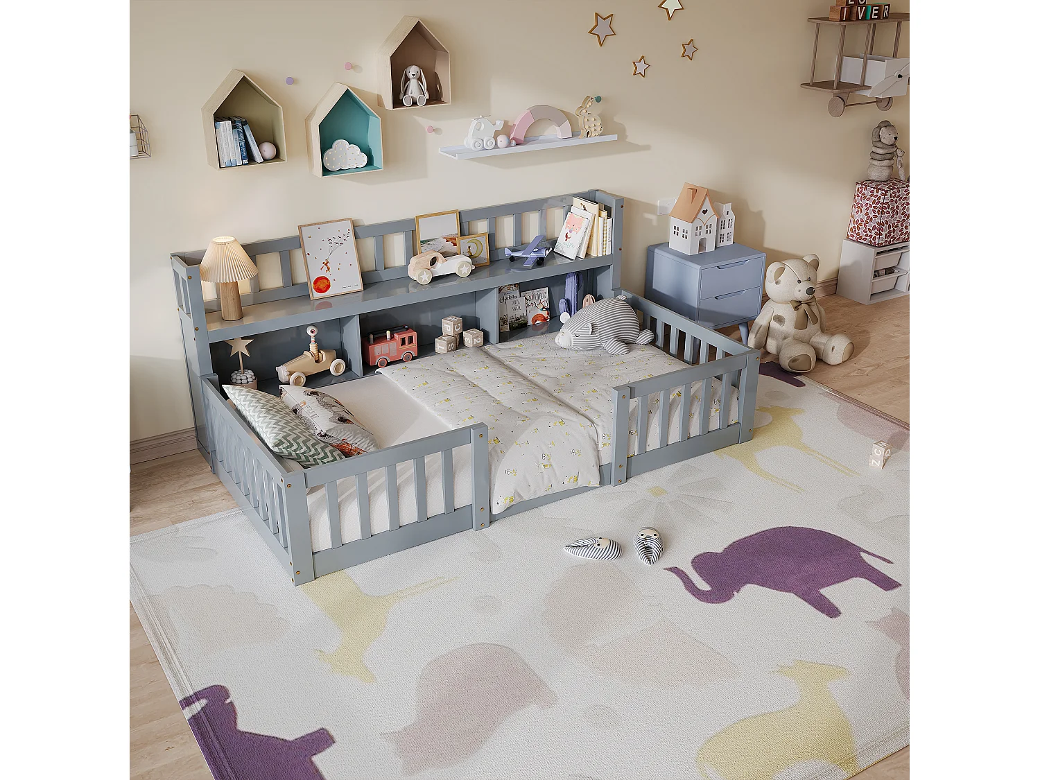 Lit Bas Enfant Montessori Gris 90x200Cm, Étagère, 3 Espaces De Rangement, Barrières Complètes, Support De Sommier
