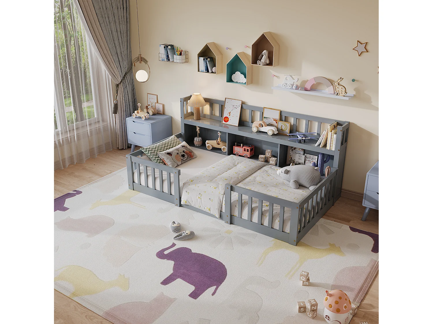 Lit Bas Enfant Montessori Gris 90x200Cm, Étagère, 3 Espaces De Rangement, Barrières Complètes, Support De Sommier
